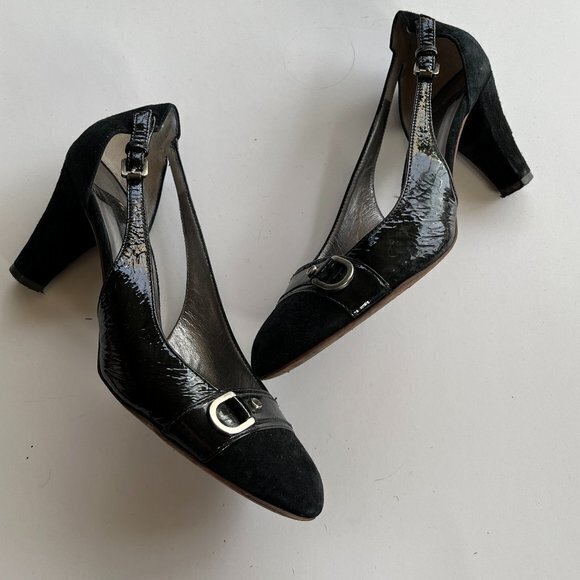 THEORY PATENT LEATHER CUTOUT HEELS WOMENS SIZE 37.5‎ US 7.5 BLACK WEAR TO… - Picture 1 of 8